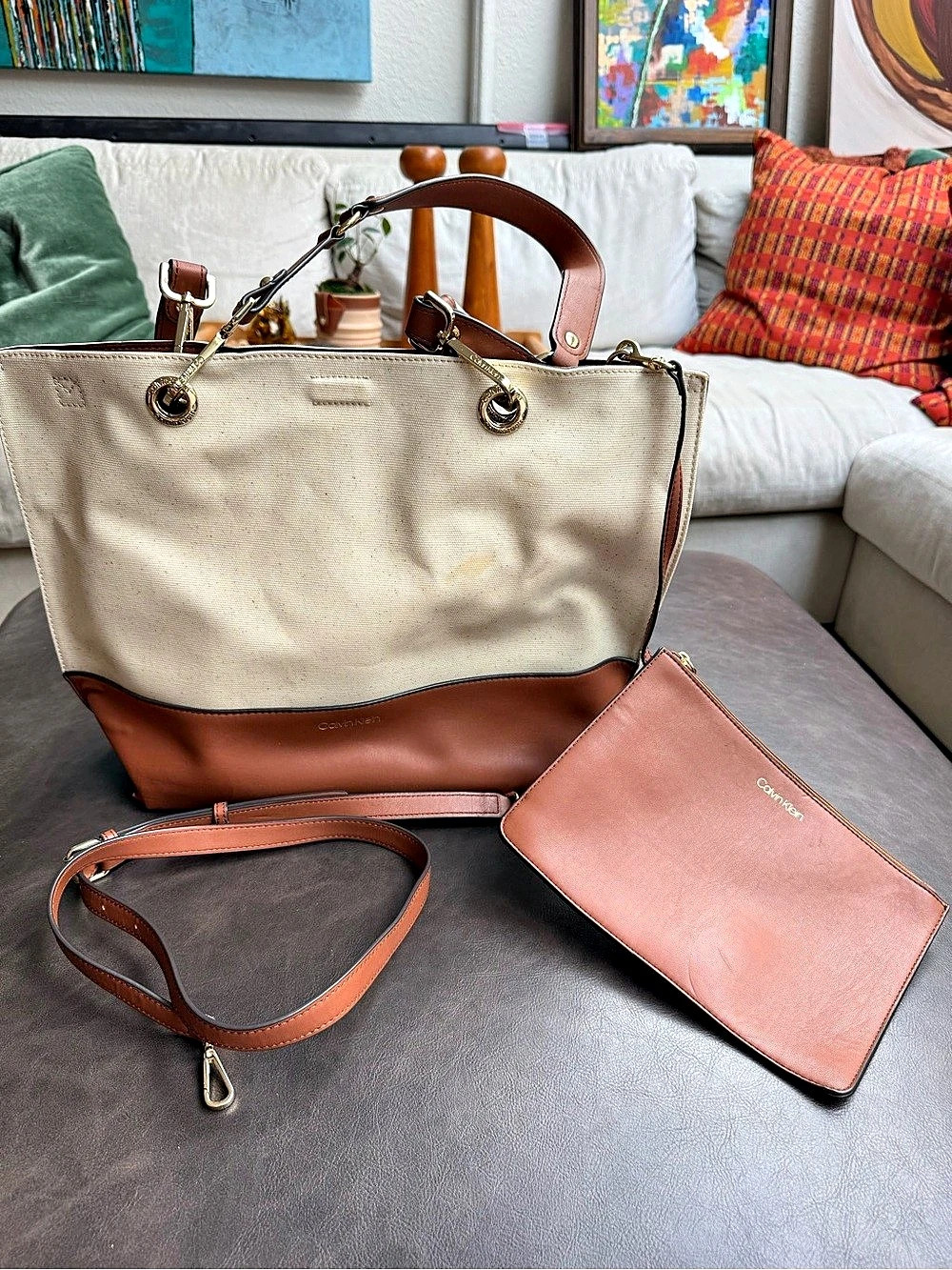 Calvin Klein Canvas Tote with Matching Pouch